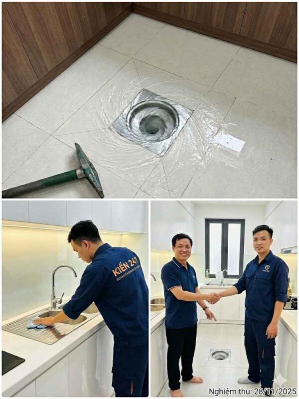 Kết quả thông tắc chậu rửa bát tại nhà khách hàng khu Geleximco Lê Trọng Tấn