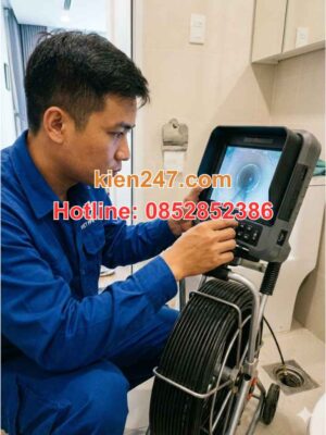 Thợ Kiến 247 sử dụng camera nội soi để dò tìm điểm tắc cống chính xác không cần đục phá.