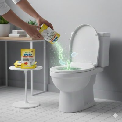 Gói men vi sinh dùng để xử lý mùi hôi bồn cầu và phân hủy chất thải dưới bể phốt.