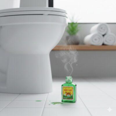 Ảnh minh họa cách đặt chai Dầu Gió trong nhà vệ sinh để khử mùi hôi cấp tốc.