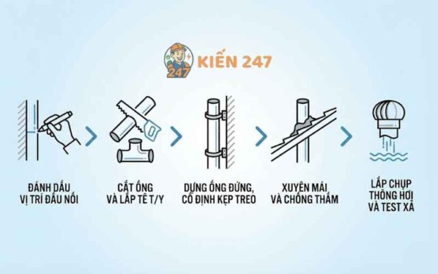 Các bước lắp ống thông hơi bồn cầu chính: lắp tê, dựng ống đứng, xuyên mái, lắp chụp