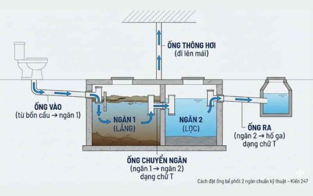 sơ đồ tổng quan cách đặt ống bể phốt 2 ngăn