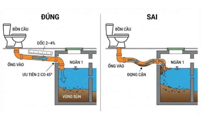 cách đặt ống vào bể phốt 3 ngăn chuẩn độ dốc