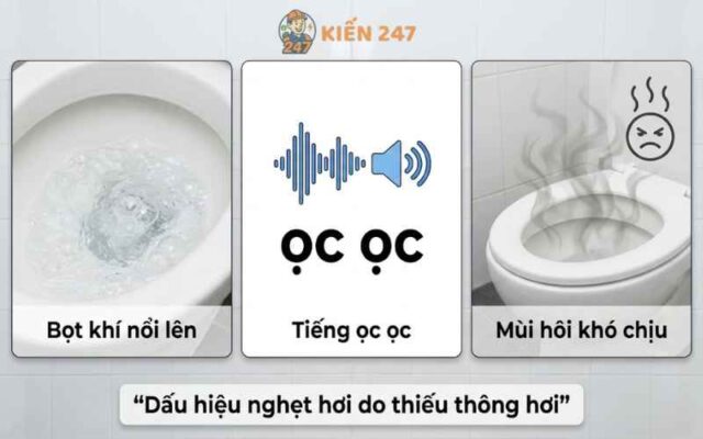 Dấu hiệu bồn cầu thiếu ống thông hơi: bọt khí, kêu ọc ọc, mùi hôi