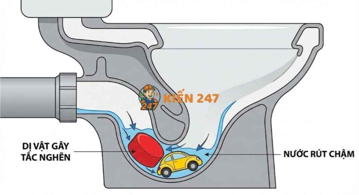 dị vật kẹt bồn cầu làm nước rút chậm