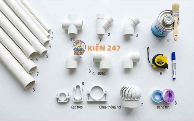 Dụng cụ và vật tư lắp ống thông hơi bồn cầu: ống PVC, tê, co, keo, chụp thông hơi