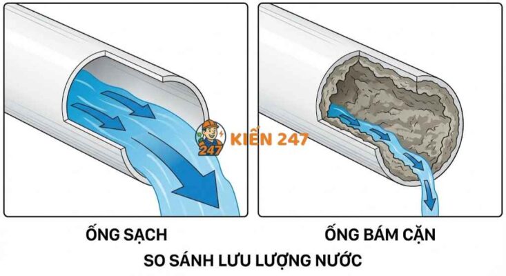 đường ống thoát bồn cầu đóng cặn làm thoát nước chậm