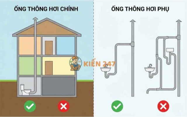 So sánh ống thông hơi chính và ống thông hơi phụ trong hệ thống bồn cầu
