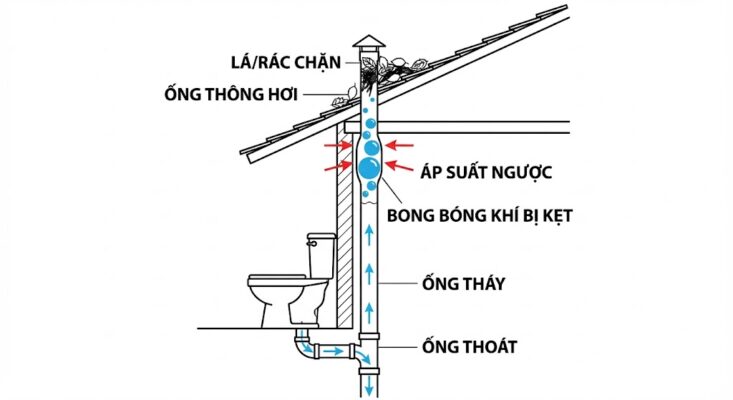 tắc ống thông hơi gây bồn cầu xuống chậm gụt gụt
