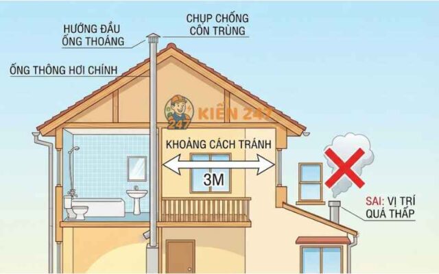 Vị trí đặt ống thông hơi bồn cầu lên mái, tránh cửa sổ và ban công