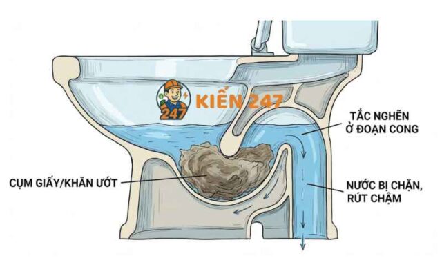 xả nhiều giấy vệ sinh gây bồn cầu thoát nước chậm